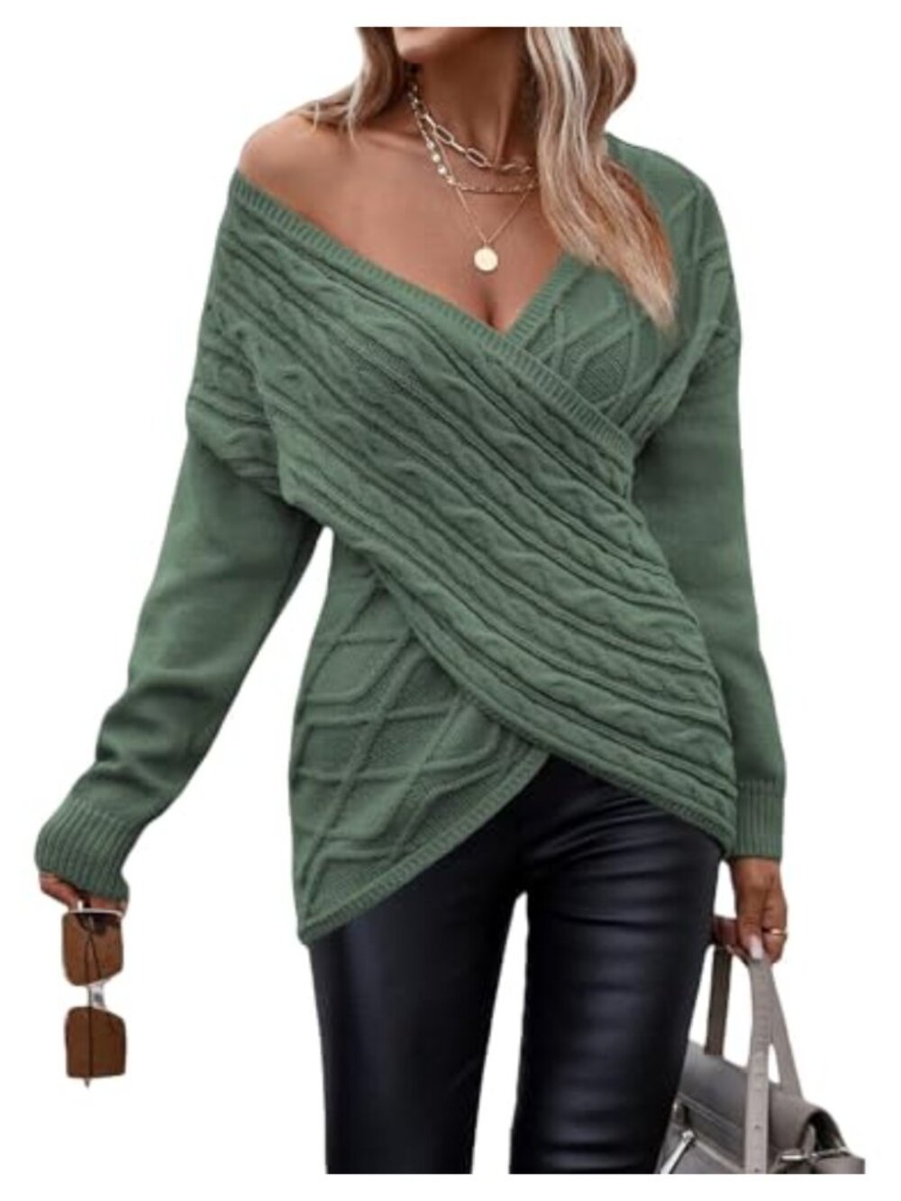 Women's V-Neck Cable Knit Pullover Sweater, Long Sleeve Wrap Front
